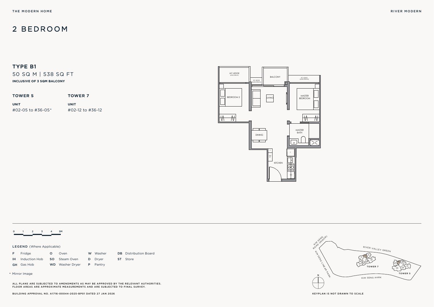 River Modern Type B1 floor plan — 2 bedroom, 50 sqm / 538 sqft