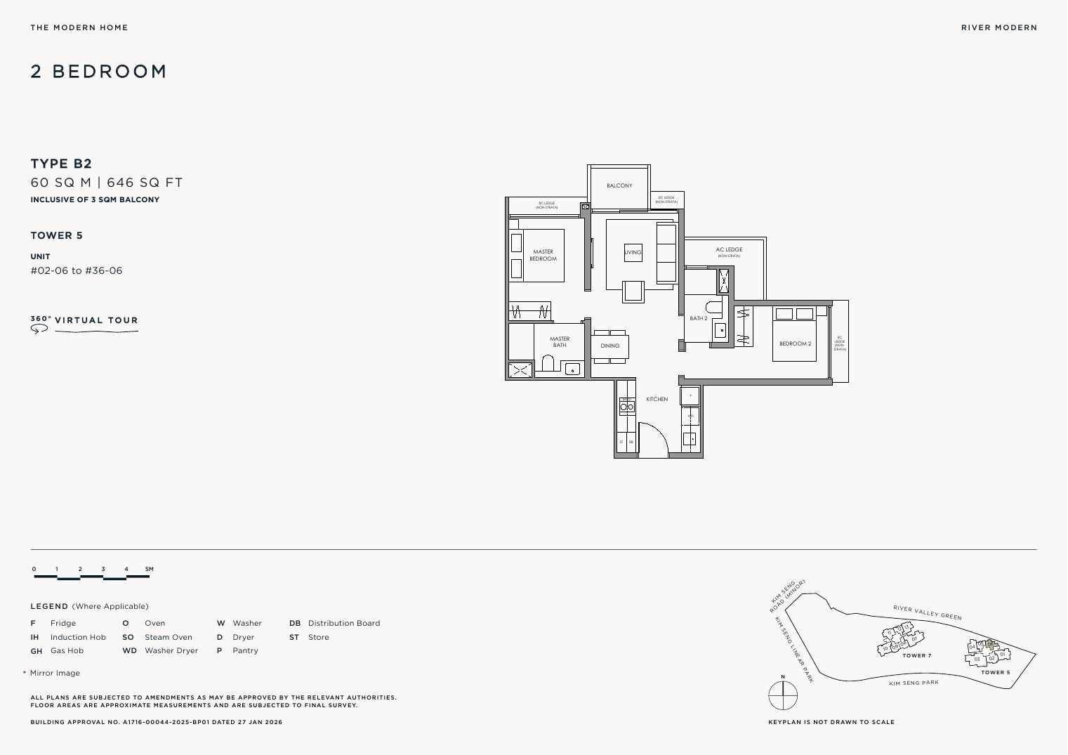 River Modern Type B2 floor plan — 2 bedroom, 60 sqm / 646 sqft