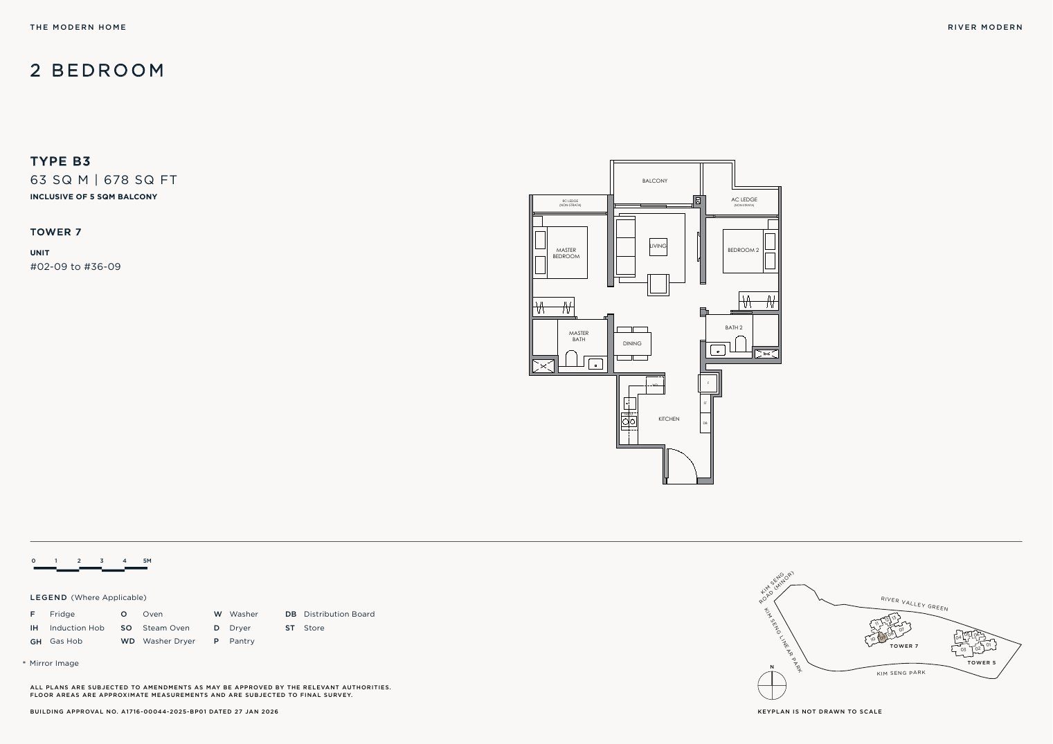 River Modern Type B3 floor plan — 2 bedroom, 63 sqm / 678 sqft