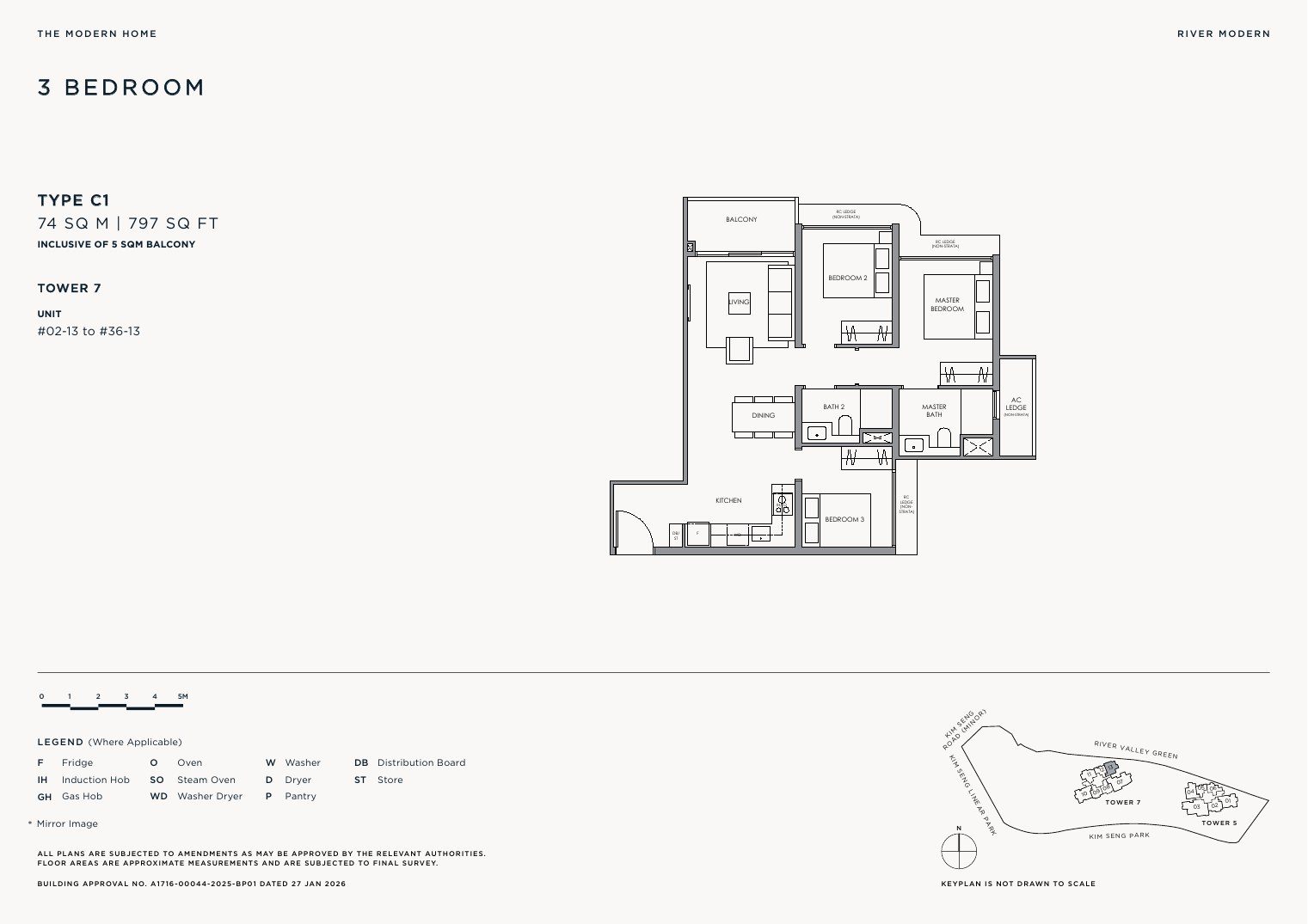 River Modern Type C1 floor plan — 3 bedroom, 74 sqm / 797 sqft