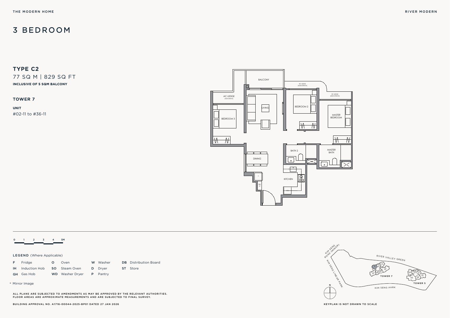 River Modern Type C2 floor plan — 3 bedroom, 77 sqm / 829 sqft