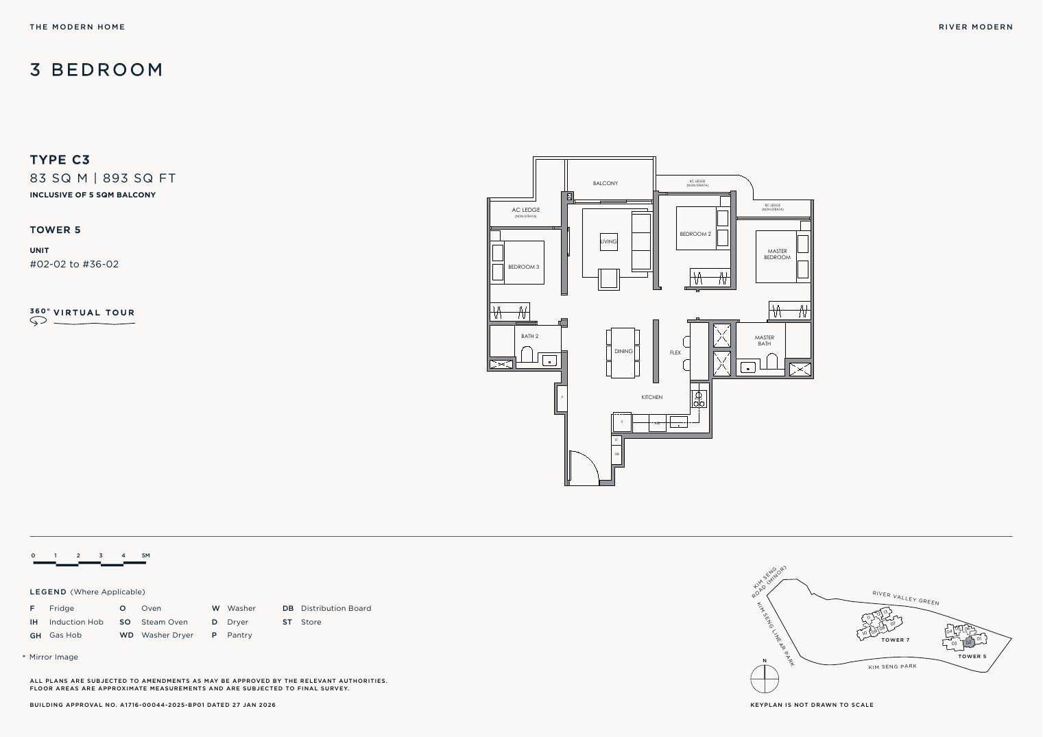 River Modern Type C3 floor plan — 3 bedroom, 83 sqm / 893 sqft