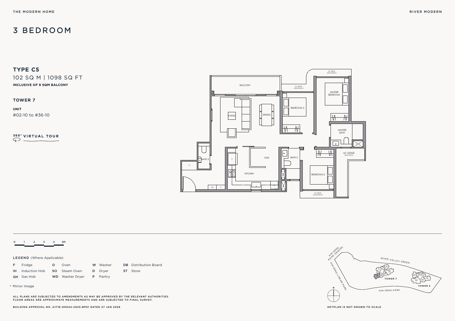 River Modern Type C5 floor plan — 3 bedroom, 102 sqm / 1098 sqft