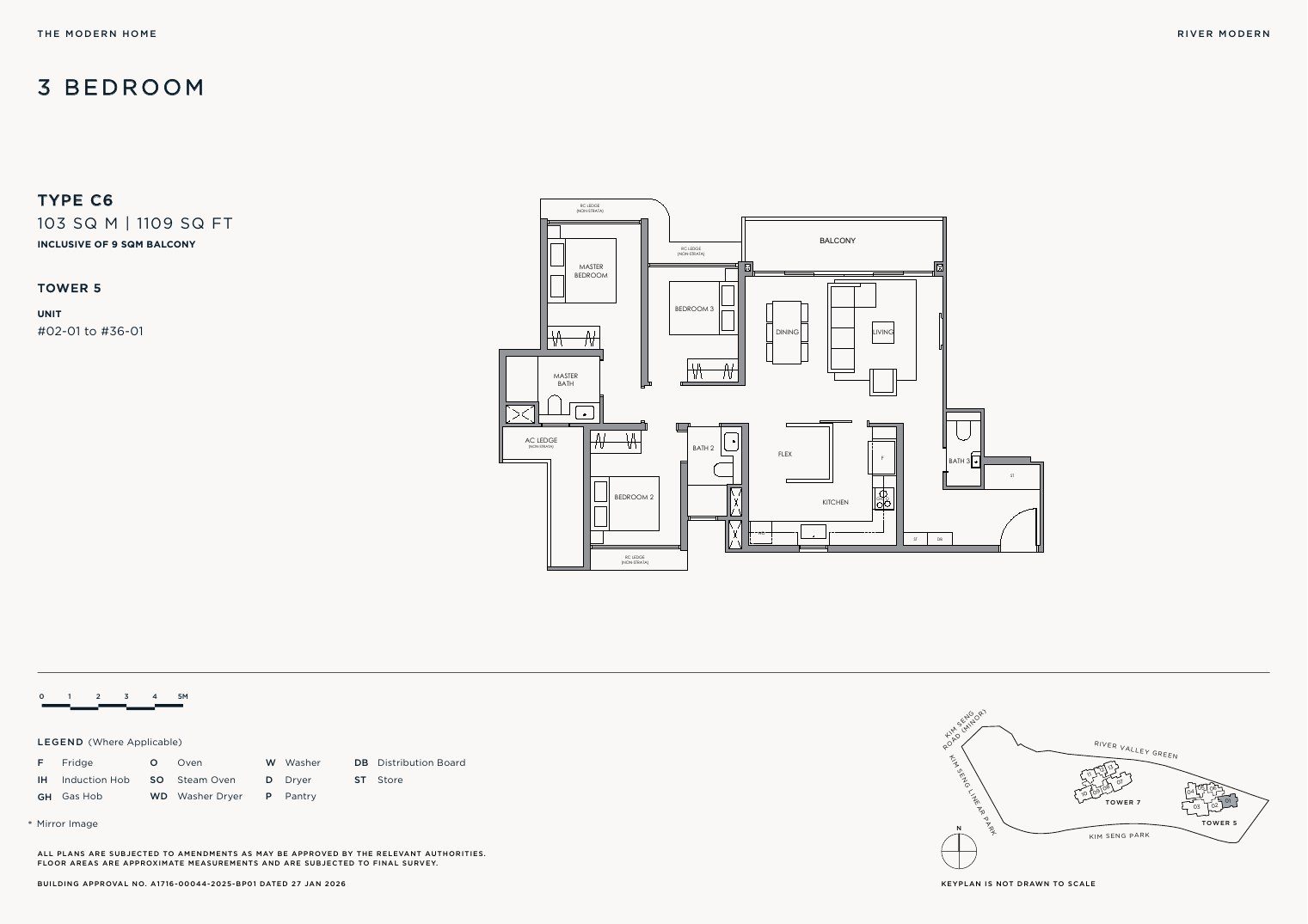 River Modern Type C6 floor plan — 3 bedroom, 103 sqm / 1109 sqft