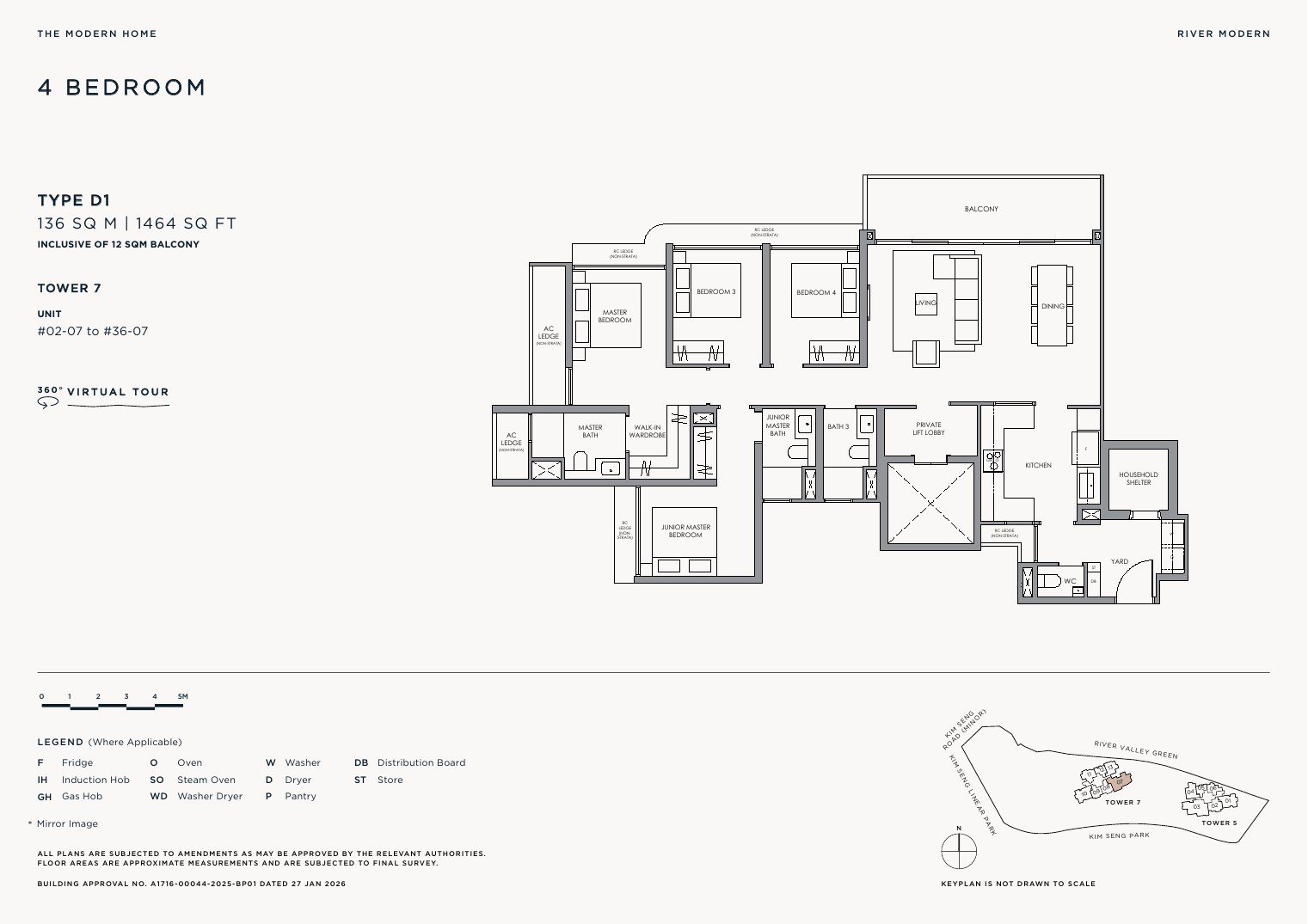 River Modern Type D1 floor plan — 4 bedroom, 136 sqm / 1464 sqft