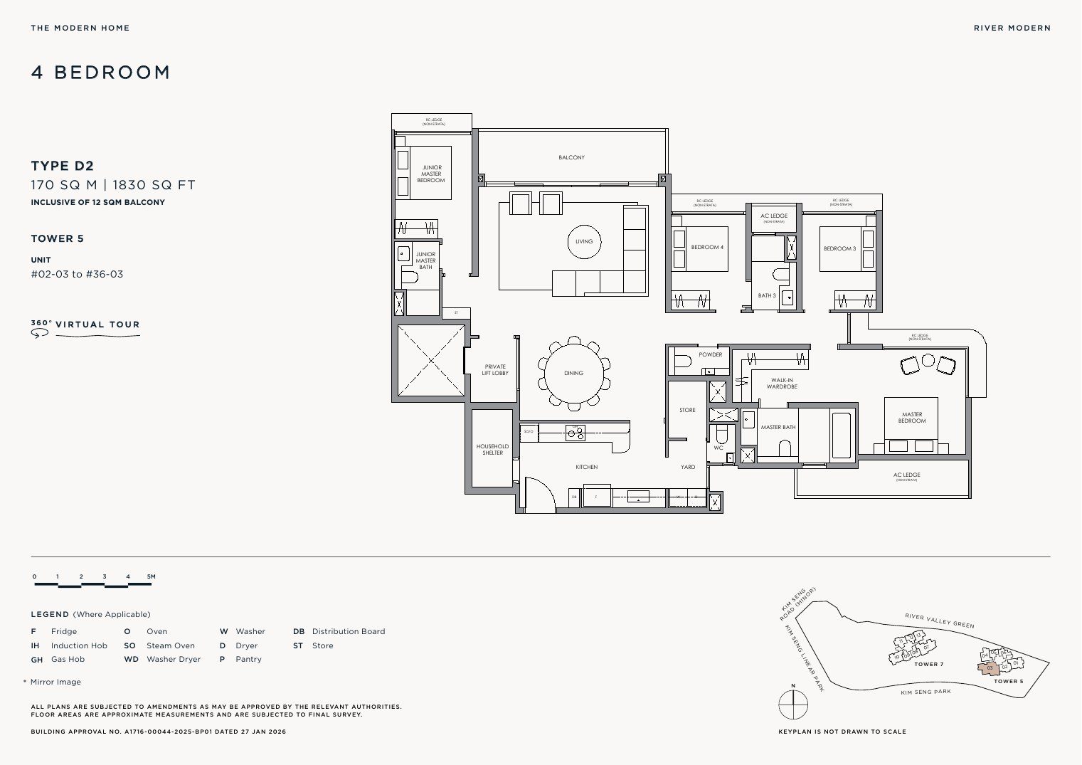 River Modern Type D2 floor plan — 4 bedroom with junior master, 170 sqm / 1830 sqft