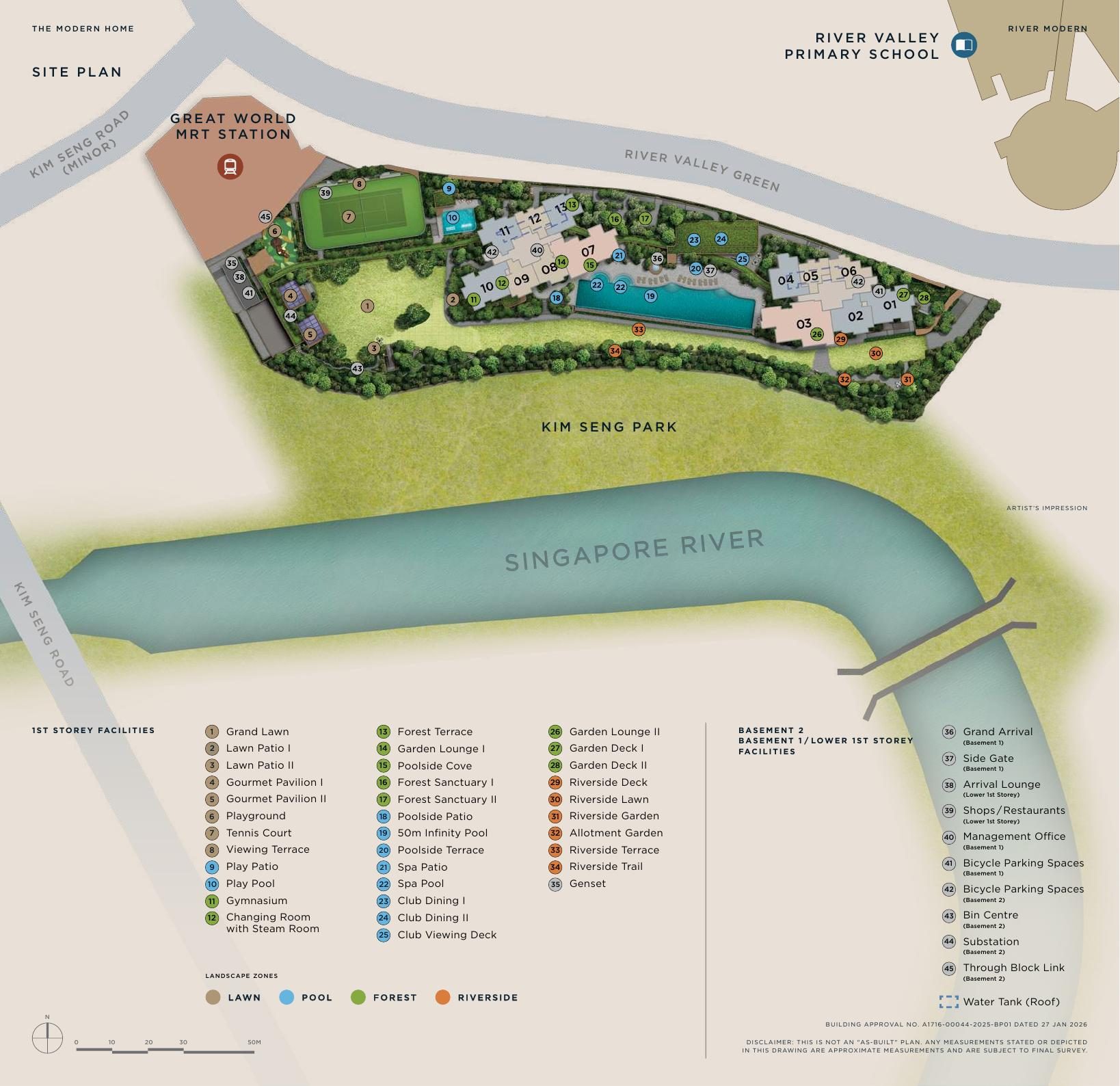 River Modern site plan — facilities across Lawn, Pool, Forest and Riverside landscape zones beside the Singapore River